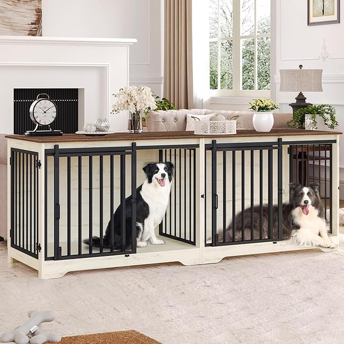 Hzuaneri 78" Dog Crate Furniture for 2 Dogs, Double Dog Cage with Divider, Wooden Heavy Duty Dogs Kennel, Pet Cage with Barn Door, TV Stand for Large Small Medium Dogs, White Brown DFC83714BV1