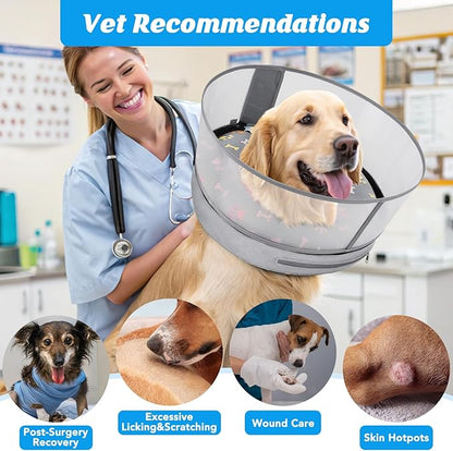 Inflatable Dog Cone with Anti-Licking Clear Shield, Protective Dog Donut Collar After Surgery, Adjustable Soft Recovery Cone for Pets, Alternative Collar with Buckle Strap (Grey Paw, S)