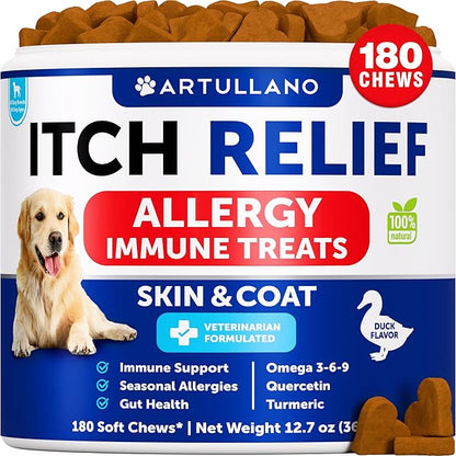Dog Allergy Relief Chews - Itching Skin Relief for Dogs - 180 Soft Treats - Fish Oil - Omega 3 - Seasonal Allergies Pills - Skin & Coat, Anti Itch,Hot Spots Treatment - Canine Immune Health Supplement