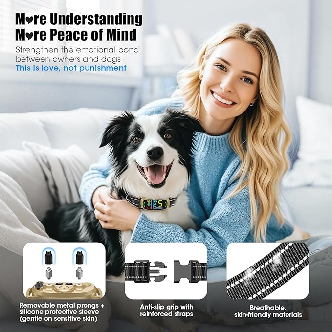 Smart AI Bark Collar for Large Medium Small Dogs, Anti Barking Device with 5 Training Modes, Exclusive Forced Bark-Stopping, Rechargeable IP67 Waterproof Bark Collar with 5 Sensitivity (Gold)