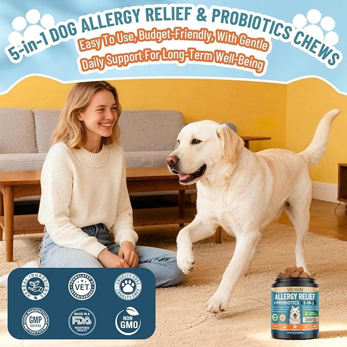 Dog Allergy Chews with Probiotics for Dogs, 200 Dog Allergy Relief Treats for Dogs Immune Support & Itching Skin Relief, Ears, Eyes, Paws Support, Dog Probiotics for Gut Health, Chicken Flavor
