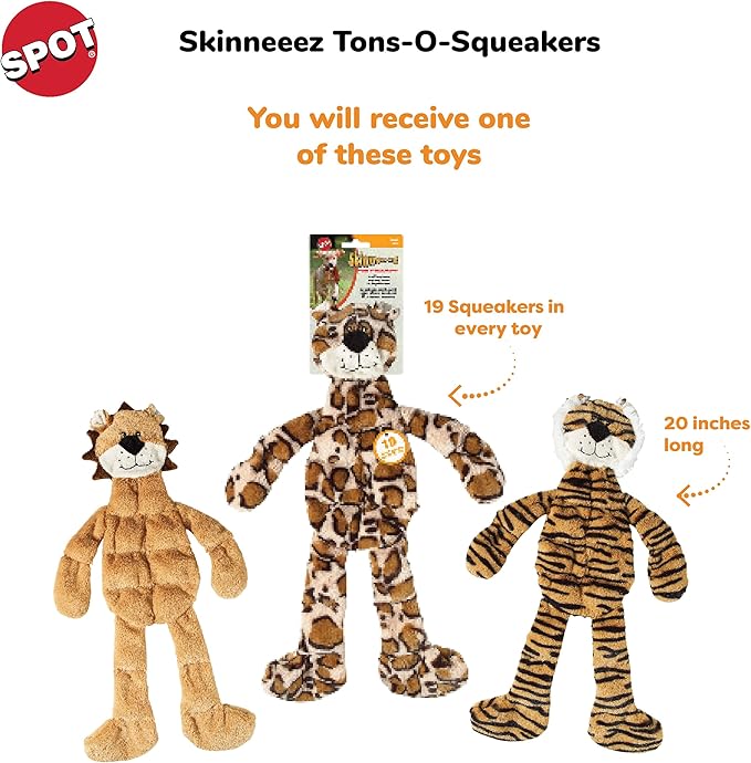 SPOT Skinneeez Tons-O-Squeakers Jungle Cat Dog Toy - 19 Squeakers for Tons-O-Fun! Stuffing-Free Design Perfect for Moderate Chewers, Tug Toy for Medium to Large Puppies & Dogs - 20in, Style May Vary
