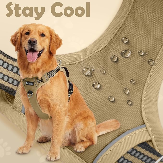 Funfox Dog Harness No Pull, Adjustable Pet Vest Harness, Super Soft Material with Vertical Handle Easy Control, Reflective Night Walking, 2 Leash Clips for Medium Sized Dogs, Brown, M