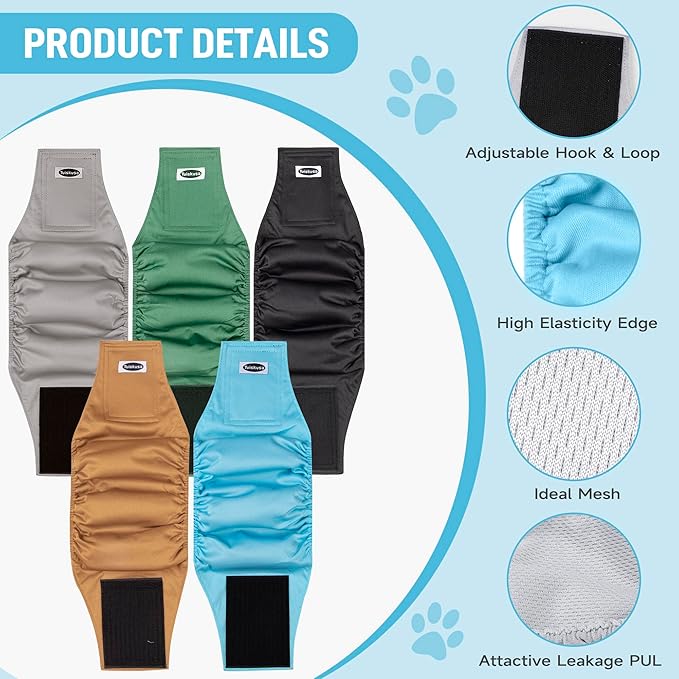 Tuiskusa Male Dog Diapers, High Absorbing Dog Belly Bands for Male Dogs, Washable Reusable Dog Males Wraps(5 Pack)