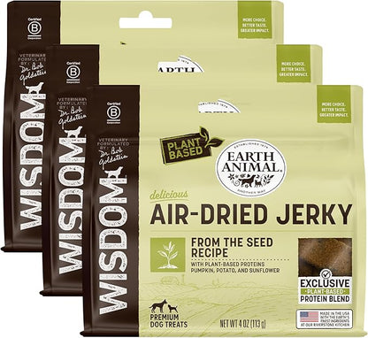 Earth Animal Wisdom Air Dried Jerky - From the Seed Recipe Premium Natural Plant Based Jerky Strips Dog Treats - 3 Pack 4 oz Bag