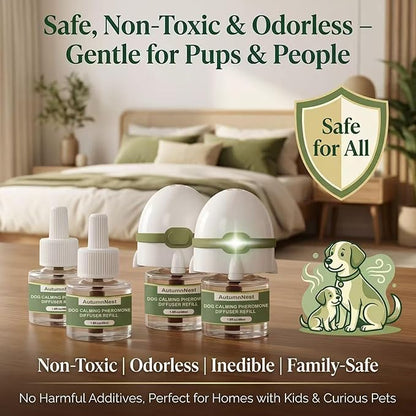 Dog Calming Pheromone Diffuser Kit, Pet Diffuser for Stress Support, Reduces Stress and Promotes Relaxed Behavior, 2 Plug-in & 4 Packs Refill, 120 Day Supply (Non-Toxic, Safe & Inedible), with Light