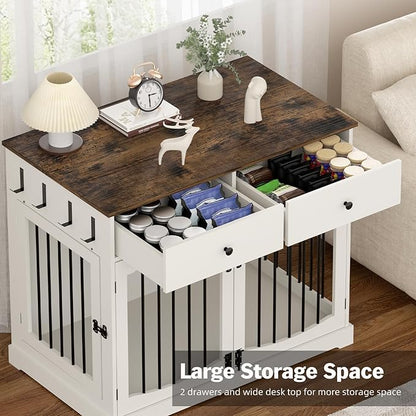 Kucreiheat 40 Inch Furniture-Style Dog Crate-Multipurpose Wood Pet Crate Furniture with Double Doors,2 Drawers, Decorative Dog House Indoor for Smal/Medium Dogs, White Finish