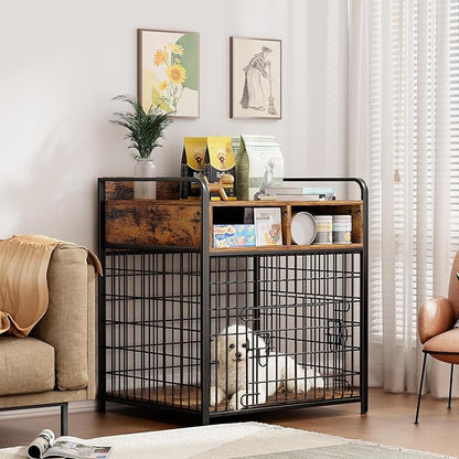 Kepptory Small Dog Crate Furniture with Drawers Storage, Puppy Dog Kennel Indoor with Double Doors, Heavy Duty Wooden Dog Cage Table, Sturdy Metal, Rustic Brown