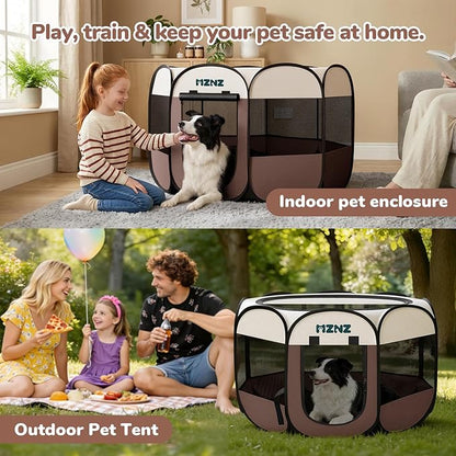 Dog Playpen, Portable Puppy Pet Crate Indoors for Small/Medium/Large Dogs Cats Rabbits, Foldable Dog Cage Enclosure for Outdoor, Pop Up Dogs Tent Kennel with Carrying Case, Brown