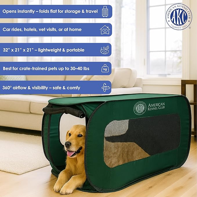 AKC 32-Inch Pop-Up Dog Kennel – Lightweight Travel Crate for Small Dogs – Foldable Indoor/Outdoor Pet Enclosure with Mesh Sides