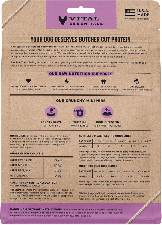 Vital Essentials Freeze Dried Dog Food, Raw Turkey Crunchy Mini Nibs | Complete Meal or Topper | 96% Turkey, Organs & Bone | Limited Ingredient, High Protein, Grain Free Dry Dog Food | 5.5 oz Bag
