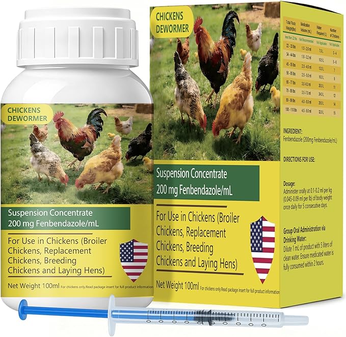 Dewormer for Chickens, Laying Hens, Poultry & More, Fenbendazole for Chickens Dewormer All Wormers,Tapeworms, Roundworms & Hookworms, 100ml（3.4 fl oz）