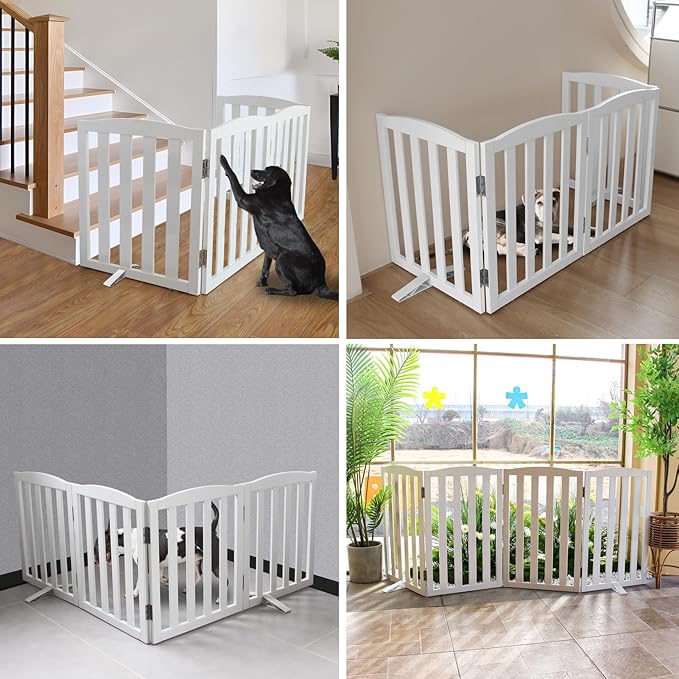 Freestanding Dog Gate Indoor,Doggie Gate Foldable Dog Gates for Doorways,Stairs or Hallways, Wooden White Pet Gate for The House, Pet Fence with Support Feet Included,24 "Height-3 Panels