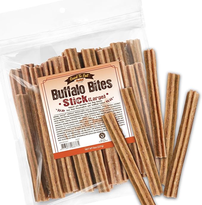 Gootoe Buffalo Dog Treats, Natural Low-Fat Chews for Training & Rewards, Limited Ingredient, Puppy Treats for Medium Dogs, Resealable Bag, Buffalo Bites Stick (Large), 8 oz