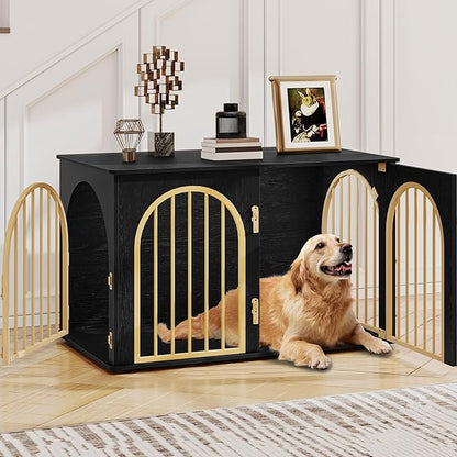 Hzuaneri 39.4" Wooden Dog Crate Furniture, Indoor Dog Kennel Dogs Cage for Small/Medium/Large Dogs, Heavy Duty Dog Crates Decorative Pet House End Side Table TV Stand, Black Gold DFC84104A