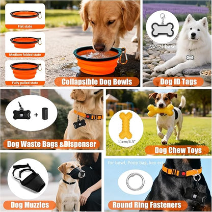 No Pull Dog Harness Adjustable Collar & Leash Set - Dog Halter Harnesses Collapsible Bowls & Poop Bag Dispenser Muzzle ID Tags Toys Fits Small Medium Large Dogs (Orange-L)