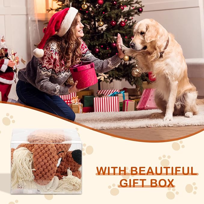 Letsmeet Dog Toys,Squeaky Dog Chew Toy with Crinkle Paper,Interactive Tough Plush Rope Toys for Small Medium Large Dogs with Gift Boxes