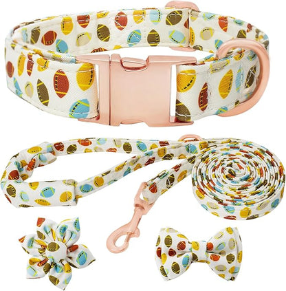 Dog Collar and Leash Set Girls Adjustable Puppy Collars with Floral Bow Tie for Small Medium Large Female Dogs, Rugby, L