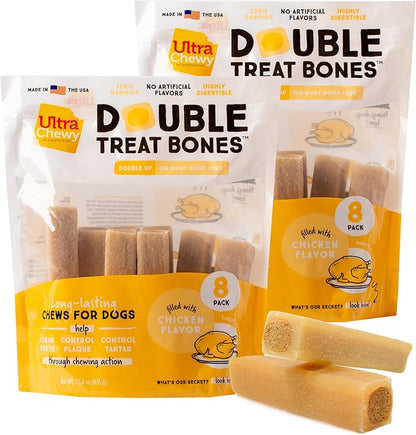 Ultra Chewy Double Treat Bones: Long-Lasting Dog Treats Made in USA for Large and Small Breeds, Highly Digestible, Ideal for Aggressive Chewers (Chicken, 2 Value Packs)