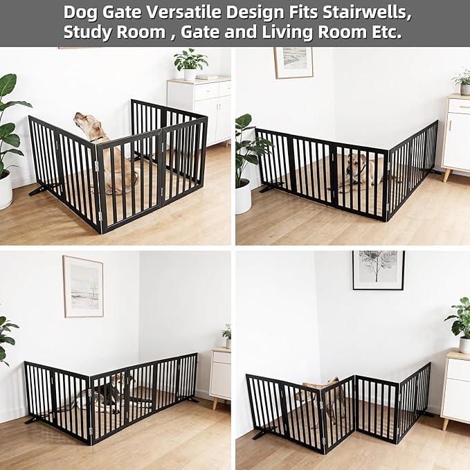 Dog Gate Indoor, Freestanding Dog Fence for The House, Doorways, Hallways,or Stairs,Pet Gate Foldable Wooden,Expandable 32" Height 6 Panels,Black