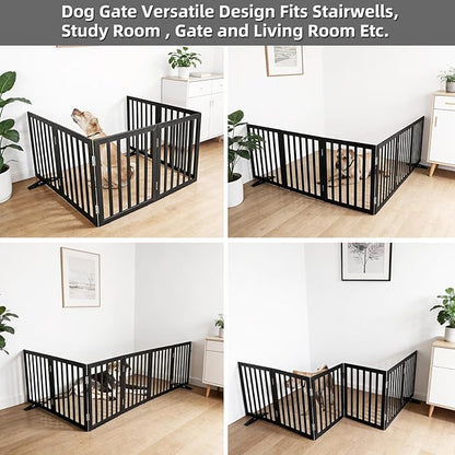 Dog Gate Indoor, Freestanding Dog Fence for The House, Doorways, Hallways,or Stairs,Pet Gate Foldable Wooden,Expandable 24" Height 6 Panels,Black