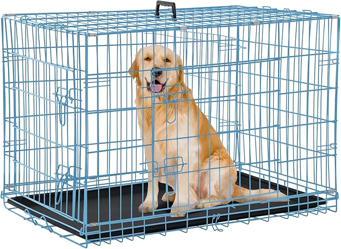 Dog Crate for Large Medium Dogs Folding Dog Kennel Cage with Plastic Tray & Divider 48" Indoor Outdoor Metal Double Door Pet Playpen Heavy Duty Dog Pen Enclosure Blue