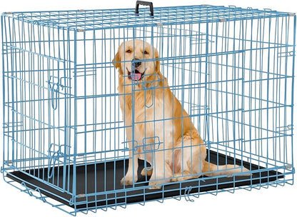 Dog Crate for Large Medium Dogs Folding Dog Kennel Cage with Plastic Tray & Divider 48" Indoor Outdoor Metal Double Door Pet Playpen Heavy Duty Dog Pen Enclosure Blue