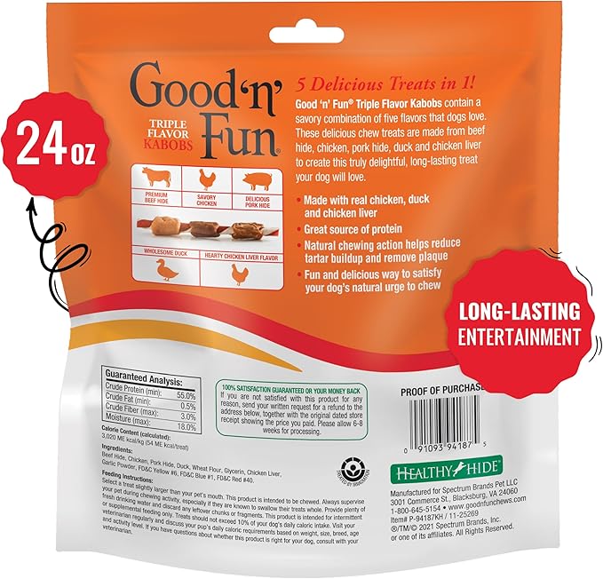 Good ‘n’ Fun Triple Flavor Kabobs Chews for All Dogs, 24 Ounces, Treat Your Dog to Long-Lasting Chews Made from Beef Hide, Real Chicken, Pork Hide, Duck and Chicken Liver
