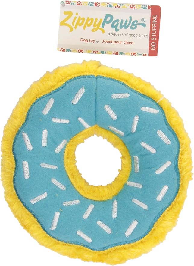 ZippyPaws Donutz - No Stuffing Dog Toys to Keep Them Busy, for Small and Medium Dogs, Squeaky Pet Toy for Boredom, Unstuffed Chew Toy, Soft Plush Puppy Products, Funny Food Toy - Blueberry Donut