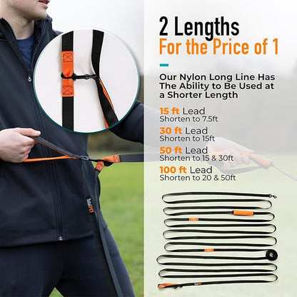 15ft Long Leash for Dogs - Long Line Dog Leash for Training Recall/Commands at Distance - Nylon, Heavy Duty - Ideal for Large & Small Breeds
