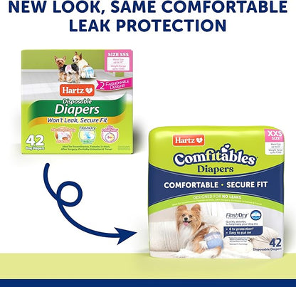 Hartz Comfitables Disposable Dog Diapers, Size XXS 42 count, Comfortable & Secure Fit, Easy to Put On, Super Absorbent Male and Female Diaper