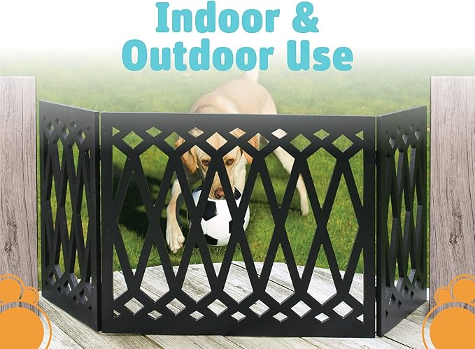 Etna 3-Panel Diamond Design Wood Pet Gate - Decorative Black Tri Fold Dog Fence for Doorways, Stairs - Indoor/Outdoor Pet Barrier - 24-48 Inches Wide x 19 Inches Tall