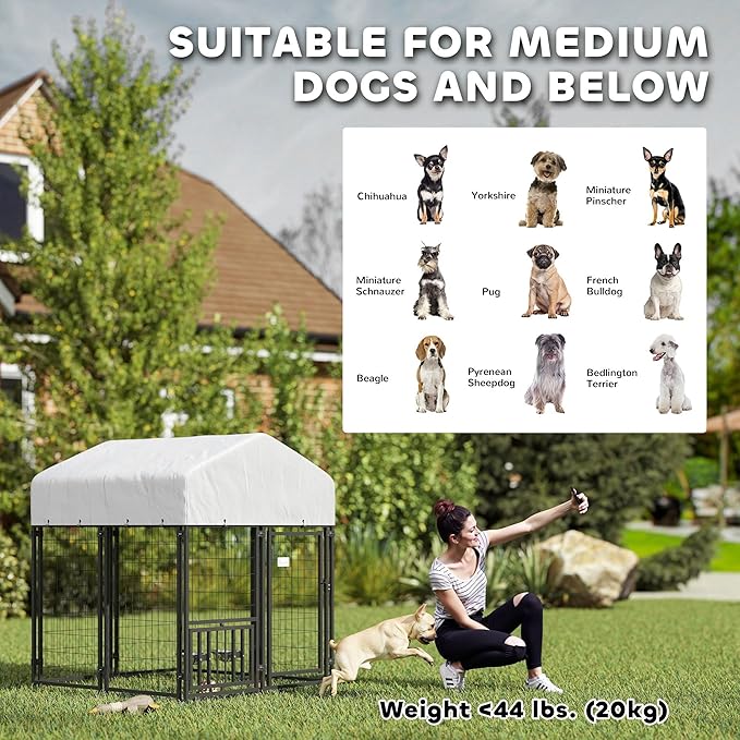 PawHut 4' x 4' x 4.5' Outdoor Dog Kennel, Welded Wire Dog Kennel Outside Run with 360° Rotating & 4 Level Adjustable Bowls, Waterproof & UV Resistant Cover, for S&M Breeds, Chickens, Ducks, Silver