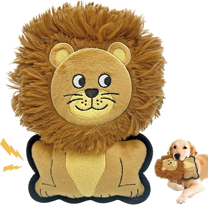 Yellow Lion Plush Squeaky Dog Toy for Chewers Puppy Teething Chew Toy Cute Soft Funny Durable Stuffed Animal Interactive Fetch Dog Toy for Small Medium Large Dogs Toy Gift 24cm/9.45in