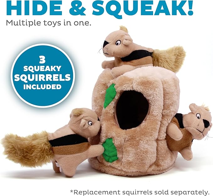 Outward Hound Hide-A-Squirrel Dog Toy – Interactive 2‑in‑1 Plush Puzzle with 3 Squeaky Removable Squirrels, Large
