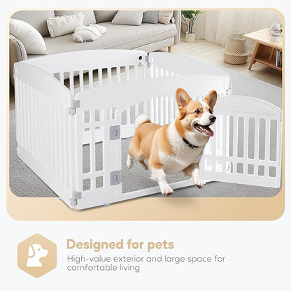 Simple Deluxe 4 Panel Plastic Dog Playpen, Safe and Secure, Folding and Portable, Puppy Fence with Door, ffor Dogs and Suppies, 24", White