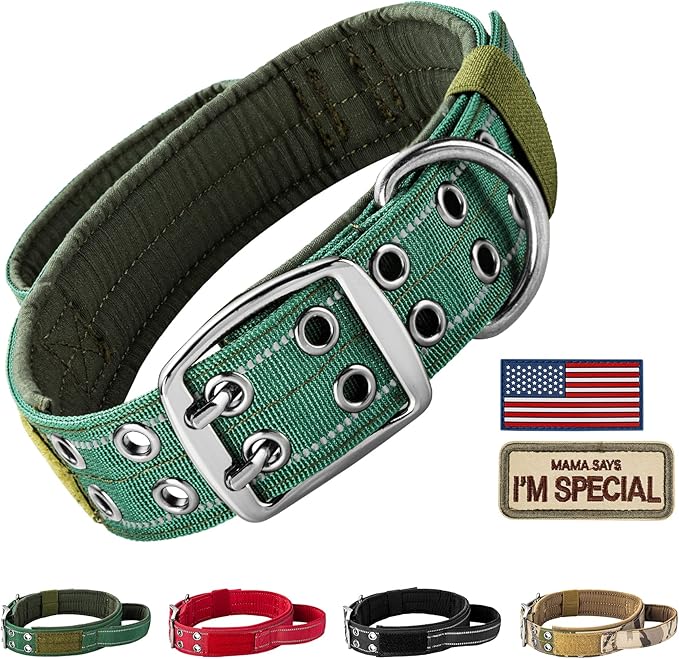 Annchwool Tactical Dog Collar for Medium and Large Dog,Adjustable Military Dog Collar with Soft Padded Handle,Heavy Duty Double Buckle Design(Green,XL)