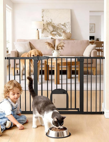 Babelio Baby Gate with Cat Door, CatPrivilege Ⅲ, Extra Wide 29-55" Cat Gate, 30" Tall Pressure Mounted Safety Gate for Large Openings, Stairs & Doorways, Auto Close, Black