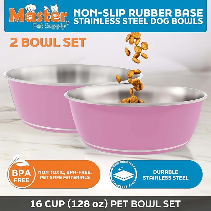 Master Pet Supply Stainless Steel Dog Bowls Set of 2 (128 Oz Each) with Non-Slip Rubber Base - Hyper Pink - Basic Dog Food Bowl Water & Food Bowls for Small Medium Large Dogs & Cats, Metal Dish