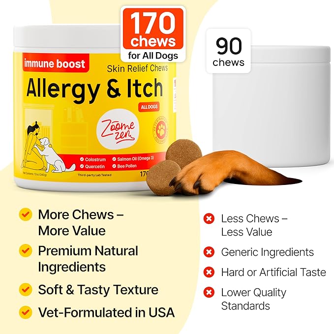 Dog Allergy Chews – Dog Allergy Relief, Itch Relief for Dogs – Anti Itch, Allergies & Immune Chews for Dogs with Omega 3 Fish Oil, Colostrum & Probiotics – 170 Count, Made in USA
