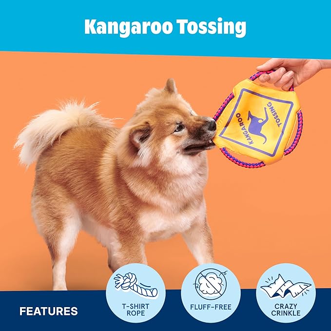 Barkbox Kangaroo Tossing Flying Disc Dog Toy | Fluff-Free Crinkle Disc with T-Shirt Rope Edge | Durable Fetch & Tug Toy for Dogs & Puppies