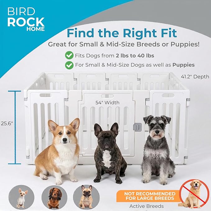 BIRDROCK HOME Pet Playpen with Door | 12 Panel | Strong Plastic | Puppy Safety Fence Pen Playpen | Non-Slip and Secure Dog Gate | White