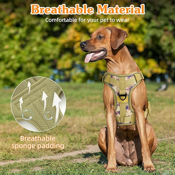 VavoPaw Heavy Duty Tactical Dog Harness for Large Dogs, No Pull Adjustable Pet Harness Reflective Service Training Easy Control Pet Vest Military K9 Working Dog Harnesses, Desert Camouflage, XL