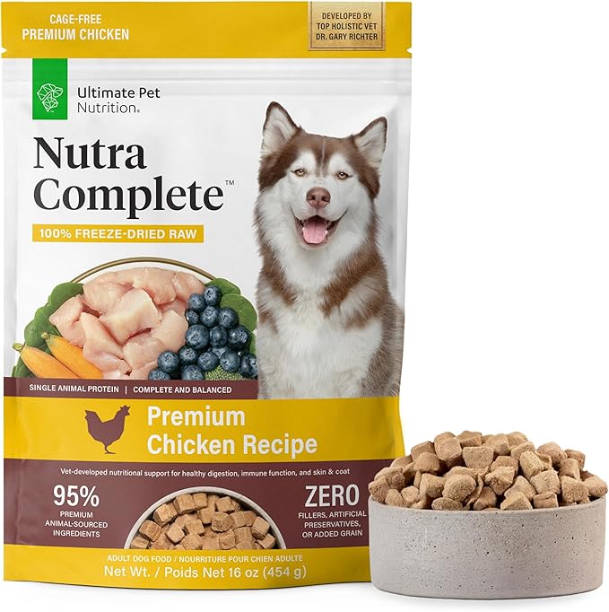 ULTIMATE PET NUTRITION Nutra Complete Freeze Dried Raw Dog Food, Veterinarian Formulated with Antioxidants, Prebiotics & Amino Acids (1 Pound, Chicken)