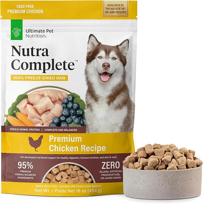 ULTIMATE PET NUTRITION Nutra Complete Freeze Dried Raw Dog Food, Veterinarian Formulated with Antioxidants, Prebiotics & Amino Acids (1 Pound, Chicken)