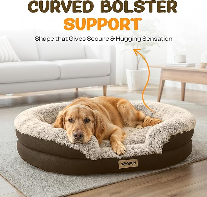 Fluffy Orthopedic Dog Bed for Extra Large Dogs, Calming Plush Sofa Bed with Curved Bolster Support and Egg-Crate Foam Base, 48" Cozy Oval Pet Donut Bed with Washable Cover, Coffee