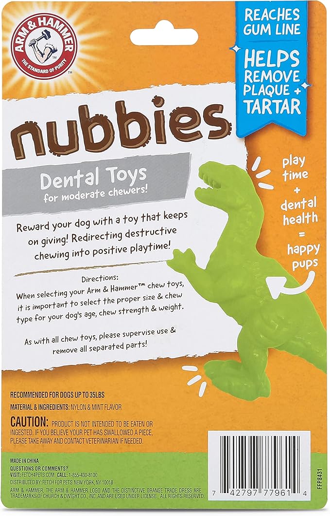 Arm & Hammer for Pets Nubbies Dental Toys T-Rex Dental Chew Toy for Dogs Best Dog Chew Toy for Moderate Chewers Reduces Plaque & Tartar Buildup Without Brushing, Mint Flavor (Pack of 1)