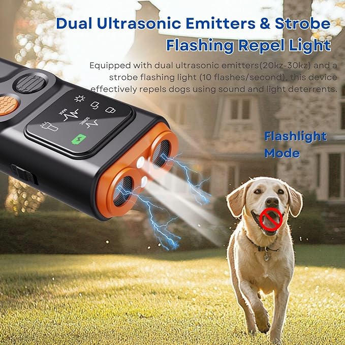 Upgraded Ultrasonic Dog Barking Deterrent, Handheld Anti Barking Device, 3-in-1 Rechargeable Dog Training & Behavior Aid, Safe and Humane Stop Dog Barking with LED Flashlight