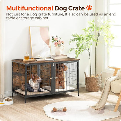 MAHANCRIS Dog Crate Furniture for 2 Dogs, 43.3" Dog Kennel with Removable Divider, Heavy Sturdy Dog Furniture Style Double Cage for Small Medium Dog, Indoor Pet House End Table, Rustic Brown DCHR1201