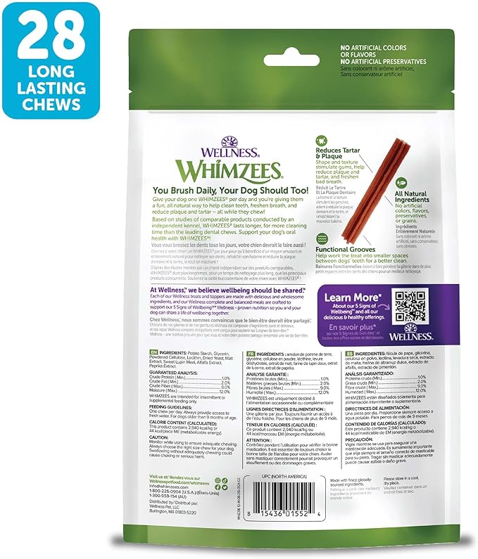Whimzees Wellness Stix Dog Dental Treat, Chews, Freshens Breath, Small Size Sticks, 14.81 oz Bag, 28 Count